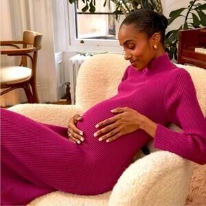 Hatch Skylar Ribbed Mock Neck Long Sleeve Maternity Dress S (1) Berry Purple